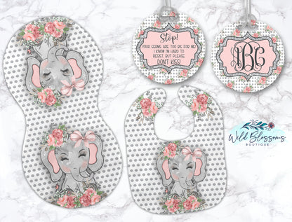 Pink Floral Elephant Baby Bib And Burp Cloth Set