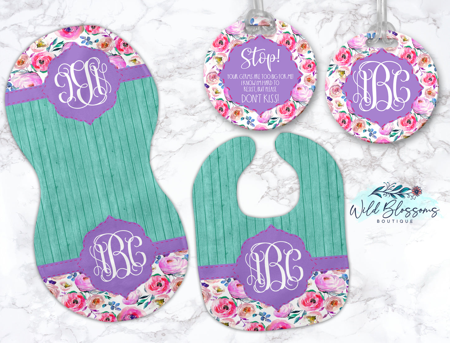 Purple Floral Baby Bib And Burp Cloth Set
