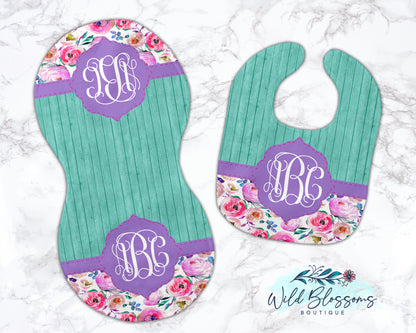 Purple Floral Baby Bib And Burp Cloth Set