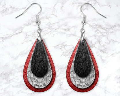Red And Black Snakeskin Leather Look Drop Earrings
