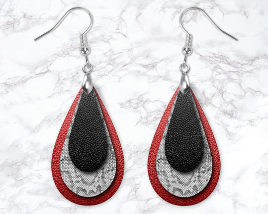 Red And Black Snakeskin Leather Look Drop Earrings