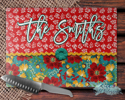 Red And Teal Floral Farmhouse Glass Cutting Board