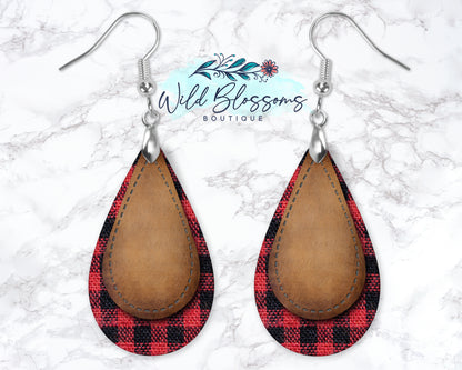 Red Buffalo Plaid Leather Drop Earrings