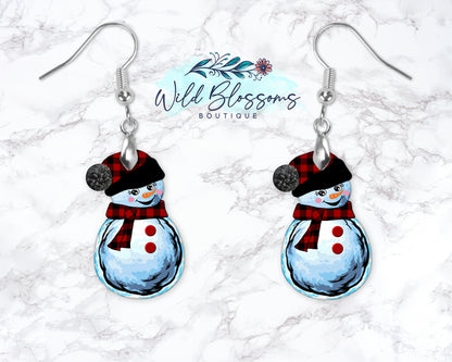 Red Buffalo Plaid Snowman Drop Earrings