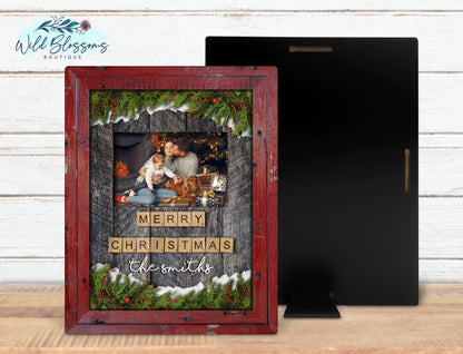 Personalized Merry Christmas Faux Frame Photo Sign | Rustic Holiday Keepsake Decor