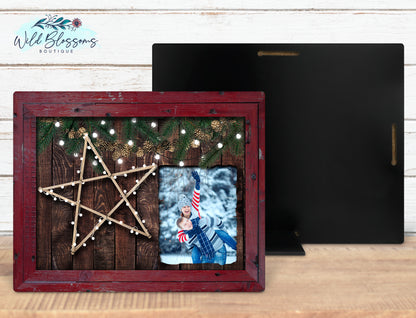 Personalized Winter Star Merry Christmas Faux Frame Photo Sign | Rustic Holiday Keepsake