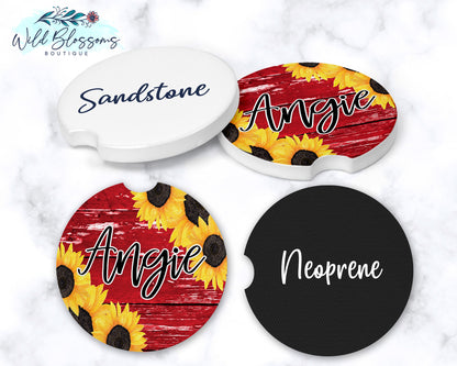 Red Wooden Sunflower Car Coasters