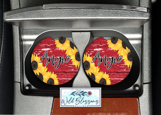 Red Wooden Sunflower Car Coasters