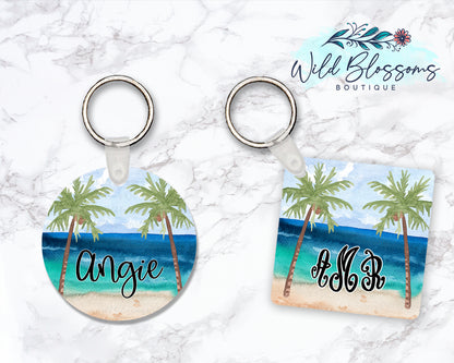 Beach Scene Personalized Round or Square Double Sided Keychain