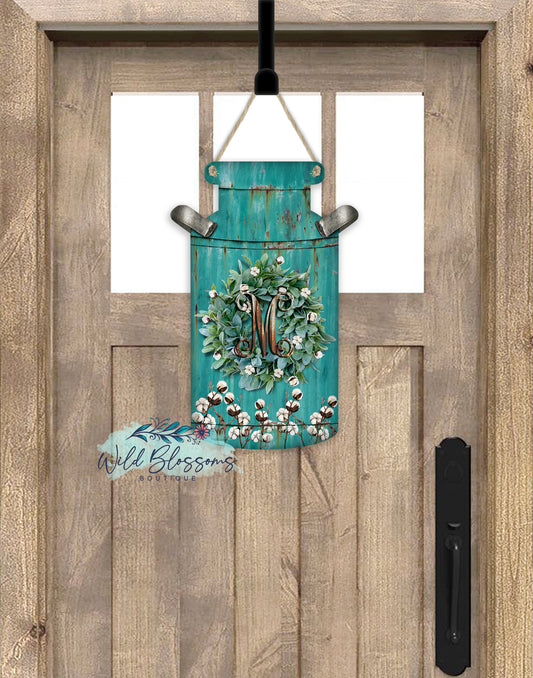 Blue Rusty Metal Cotton Wreath Milk Can Shaped Personalized Door Hanger