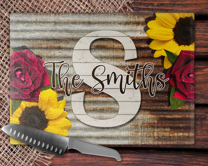 Rustic Rose and Sunflower Glass Cutting Board
