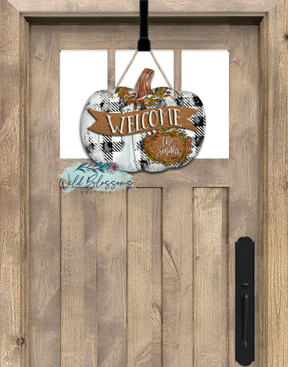 Rustic White Buffalo Plaid Welcome Pumpkin Door Hanger