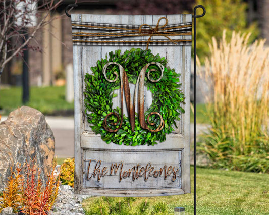 Rustic Boxwood Wreath Wooden Door Garden Flag