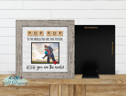 Personalized Pop Pop Scrabble Tile Photo Sign | Faux Frame Grandpa Gift