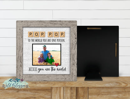 Personalized Pop Pop Scrabble Tile Photo Sign | Faux Frame Grandpa Gift