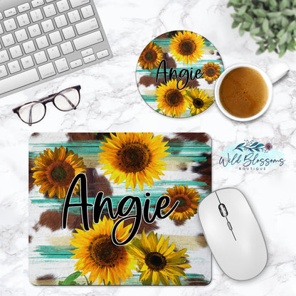 Sunflowers On Cowhide Personalized Mouse Pad And Coaster Desk Set