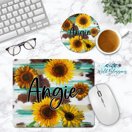 Sunflowers On Cowhide Personalized Mouse Pad And Coaster Desk Set
