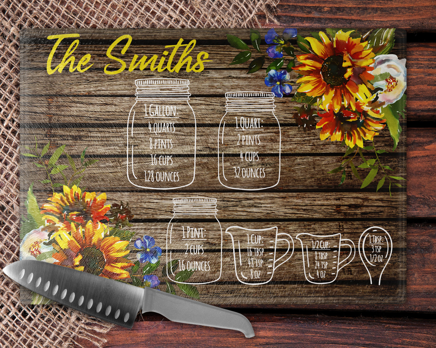 Wooden Floral Sunflower Measurement Glass Cutting Board