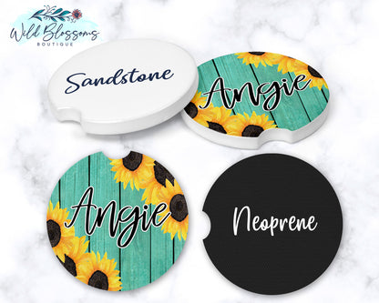 Teal Wooden Sunflower Car Coasters