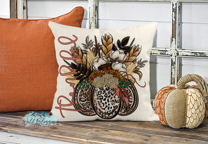 Thankful Fall Floral Cotton Leopard Print Pumpkin Pillow