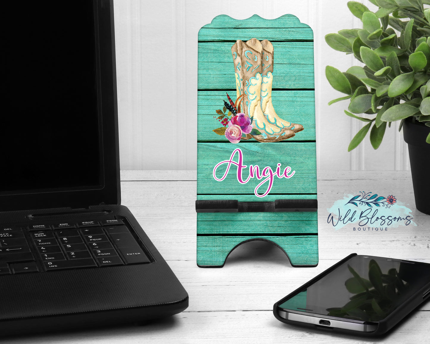 Turquoise Wooden Cowboy Boot Personalized Mouse Pad And Coaster Desk Set