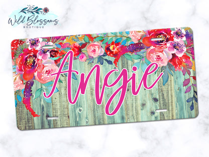 Wooden Turquoise Floral Drop Personalized License Plate