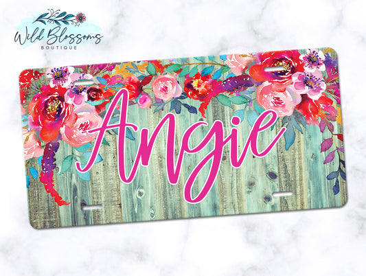 Wooden Turquoise Floral Drop Personalized License Plate