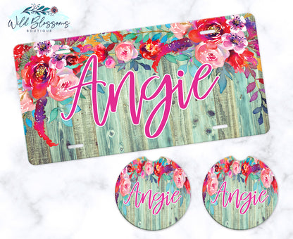 Wooden Turquoise Floral Drop Personalized Car Coasters