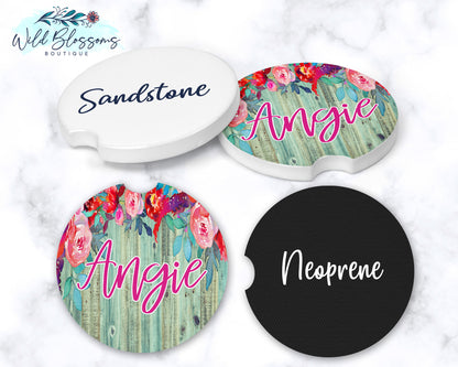 Wooden Turquoise Floral Drop Personalized Car Coasters