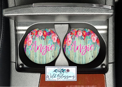Wooden Turquoise Floral Drop Personalized Car Coasters