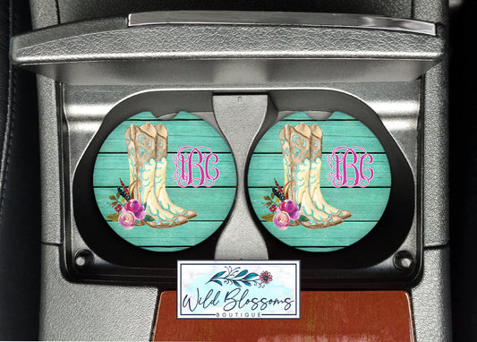 Turquoise Wooden Cowboy Boot Car Coasters