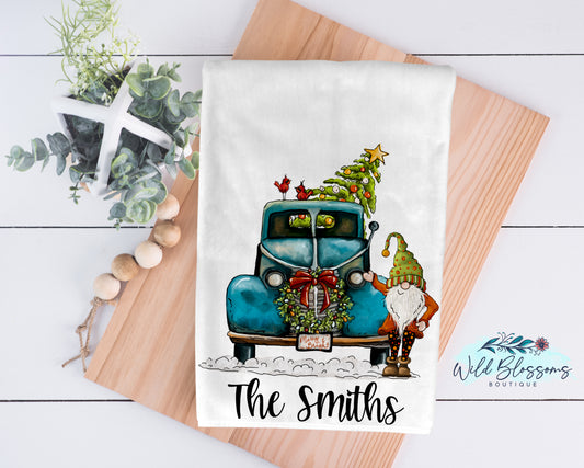 Christmas Gnome Vintage Blue Truck Kitchen Towel