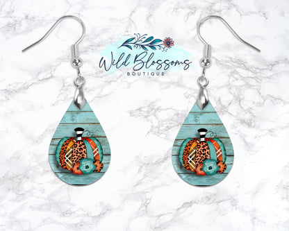 Teal Wooden Fall Floral Patchwork Pumpkin Drop Earrings