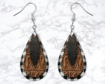 White Buffalo Plaid And Brown Croc Leather Look Drop Earrings