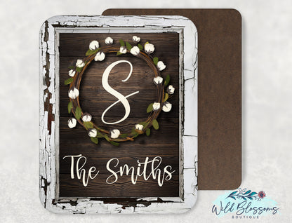 Personalized Cotton Wreath Faux Frame Family Name Sign | Rustic Farmhouse Decor