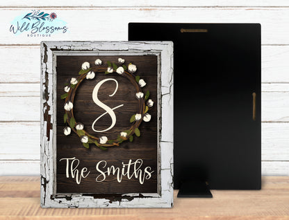 Personalized Cotton Wreath Faux Frame Family Name Sign | Rustic Farmhouse Decor