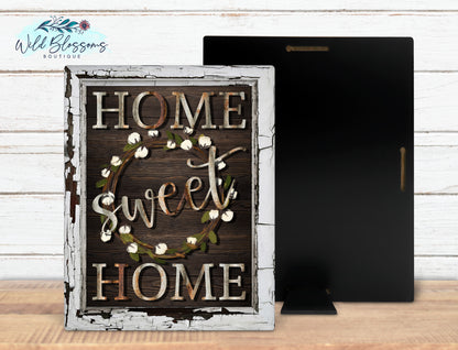 Home Sweet Home Cotton Wreath Faux Frame Sign | Rustic Farmhouse Decor