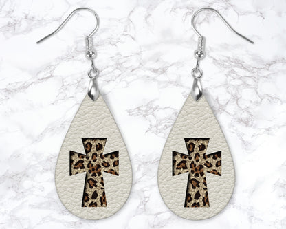 Leopard Print Cross Leather Look Drop Earrings