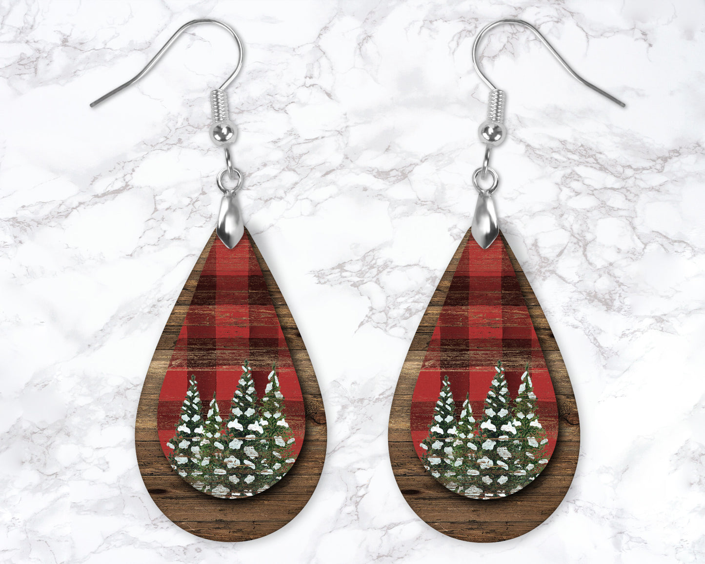 Buffalo Plaid Wooden Christmas Tree Drop Earrings