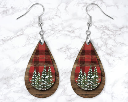 Buffalo Plaid Wooden Christmas Tree Drop Earrings