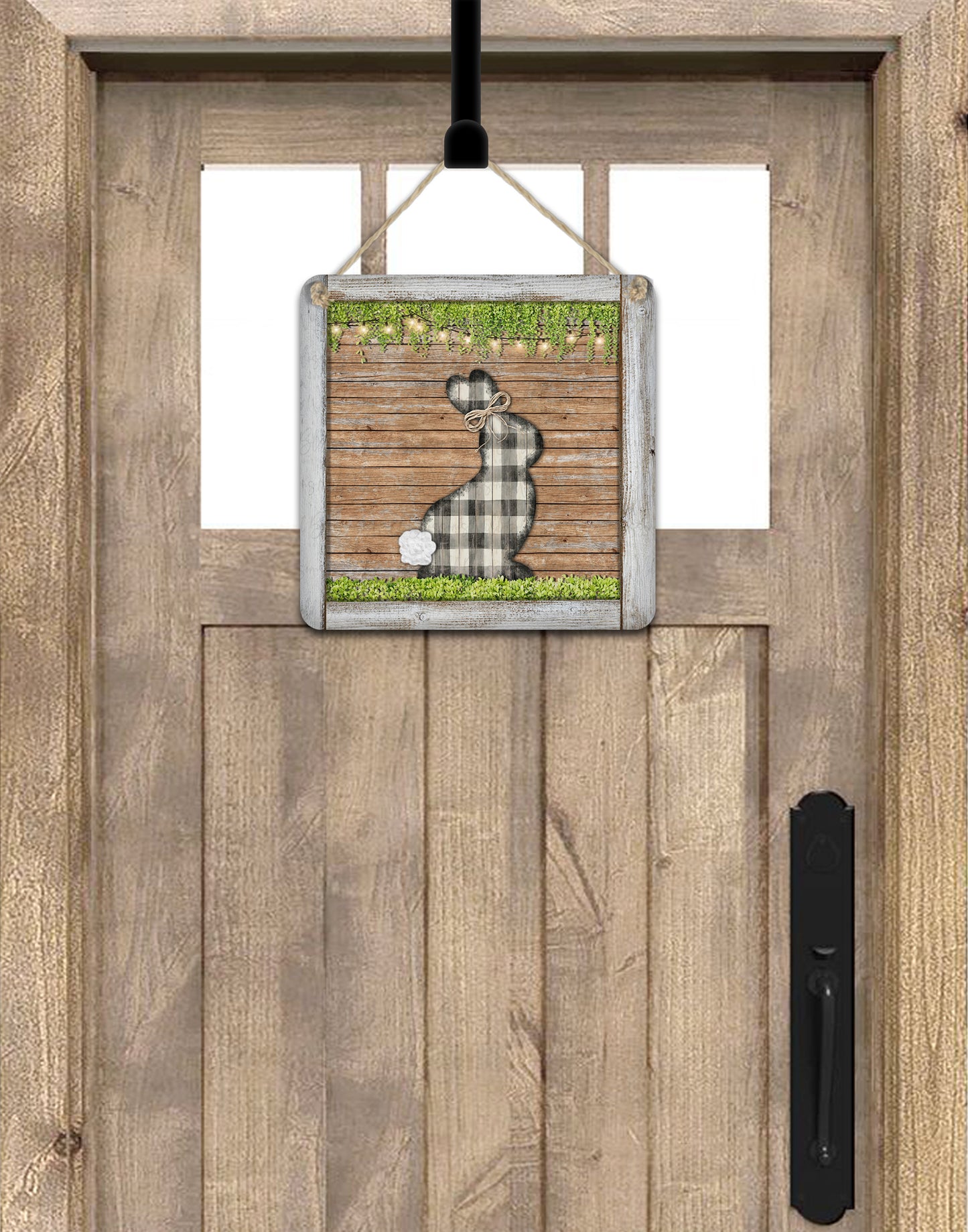 Wooden Buffalo Plaid Easter Bunny Square Door Hanger