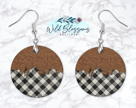 Wooden And Buffalo Plaid Round Drop Earrings