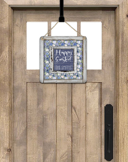 Personalized Blue Floral Easter Door Hanger | Rustic Spring Farmhouse Decor