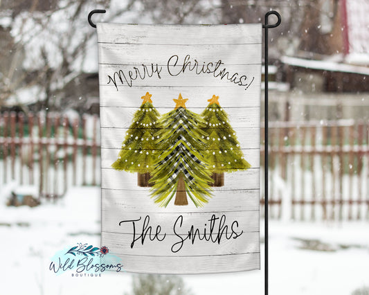 Wooden Buffalo Plaid Christmas Tree Trio Garden Flag
