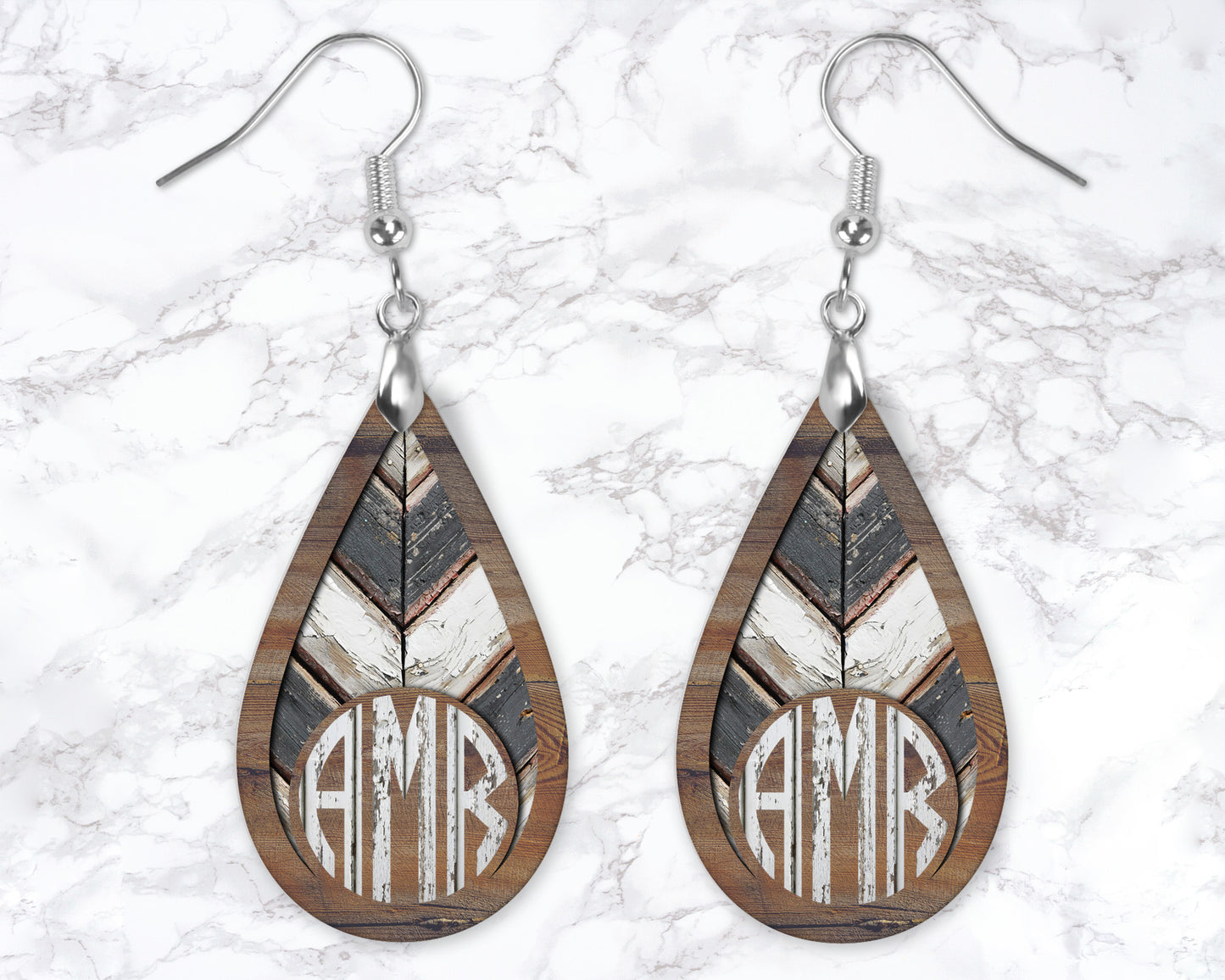 Wooden Chevron Circle Monogram Drop Earrings