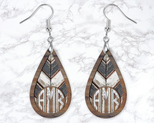 Wooden Chevron Circle Monogram Drop Earrings