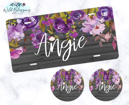 Wooden Grey And Purple Floral Car Coasters