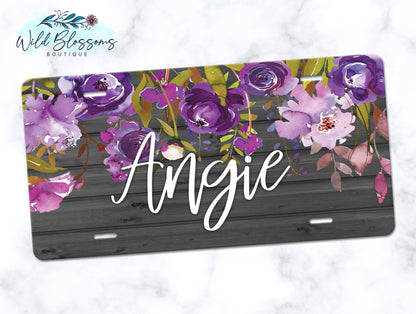 Wooden Grey And Purple Floral License Plate