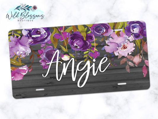 Wooden Grey And Purple Floral License Plate
