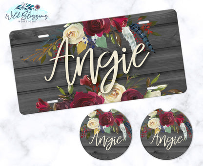 Wooden Grey And Red Floral Car Coasters
